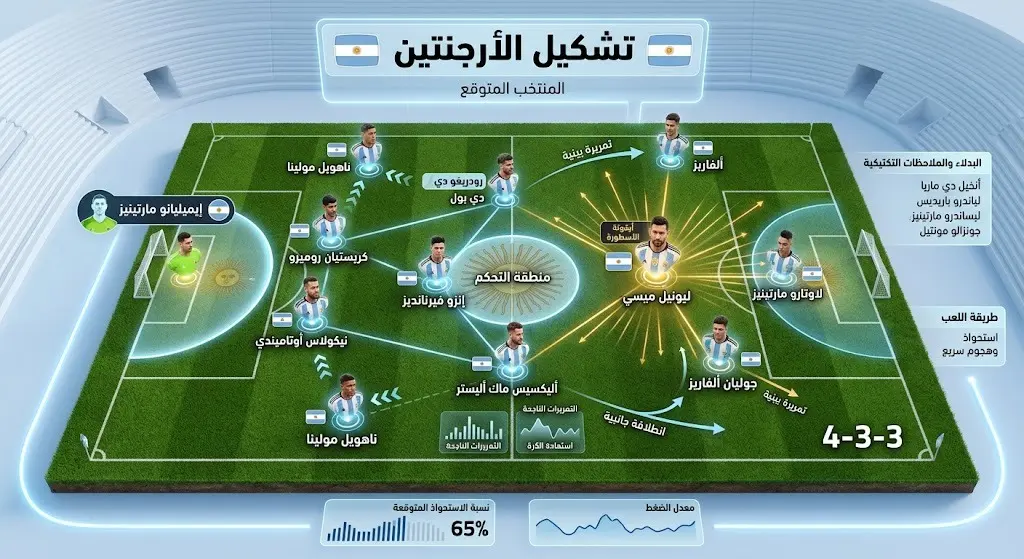 تصميم تكتيكي يوضح التشكيل المتوقع لمنتخب الأرجنتين بقيادة ميسي ضد الرأس الأخضر