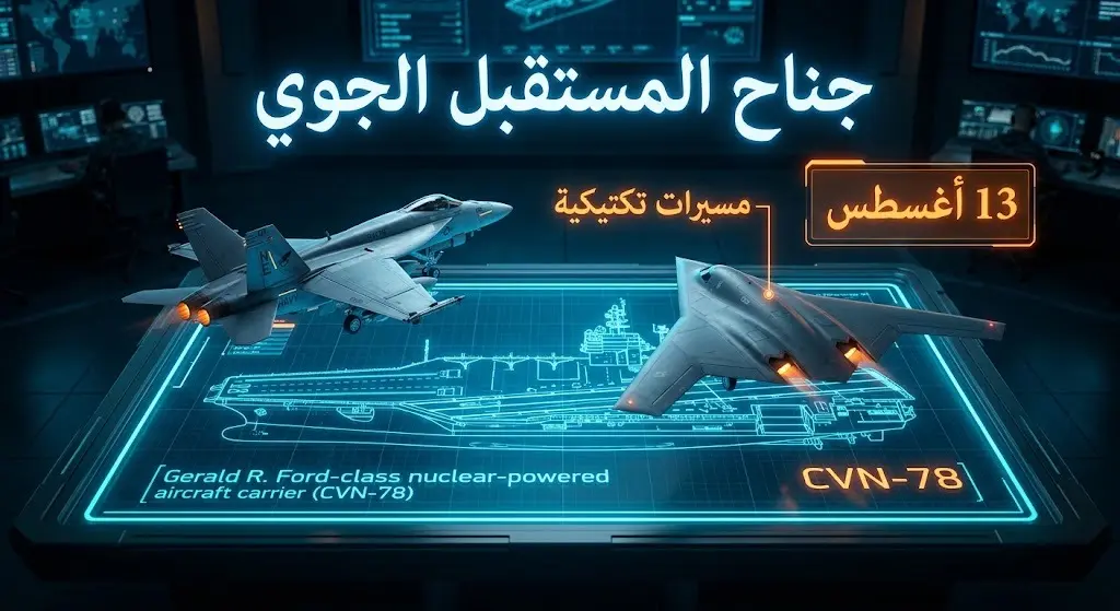 تصميم ثلاثي الأبعاد يوضح التشكيل المستقبلي للجناح الجوي الأمريكي بدمج الطائرات المسيرة والمقاتلات التقليدية على متن حاملات الطائرات.
