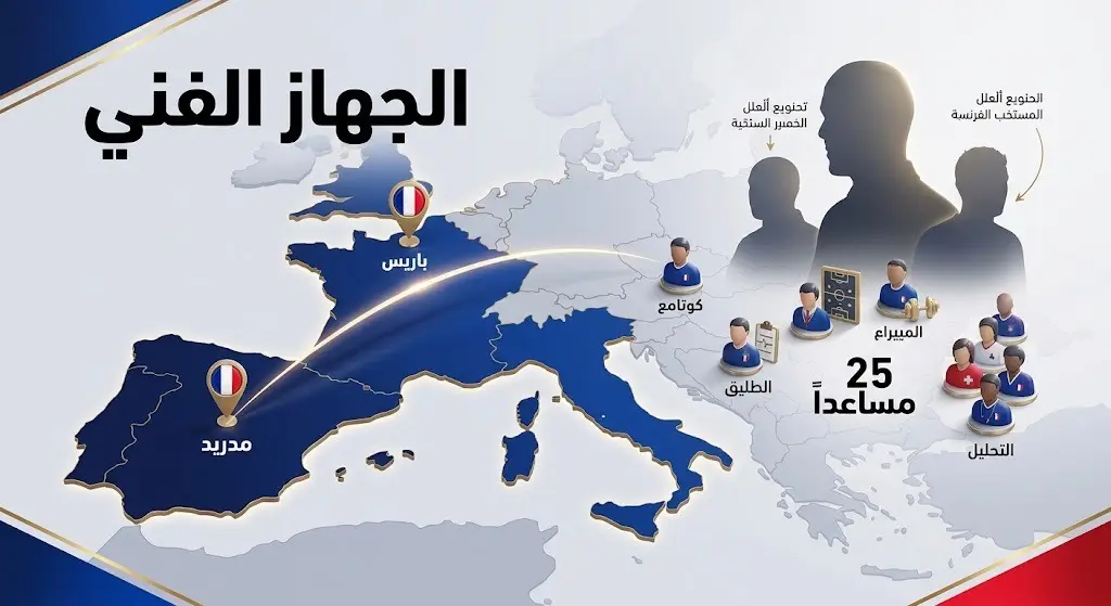 إنفوجرافيك يوضح تفاصيل الجهاز الفني الجديد لزين الدين زيدان مع منتخب فرنسا ومقر إقامته في العاصمة الإسبانية مدريد.