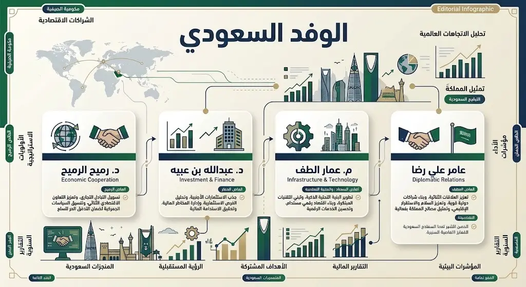إنفوجرافيك احترافي يستعرض أسماء أعضاء الوفد السعودي رفيع المستوى المشارك في المباحثات مع بنجلاديش.