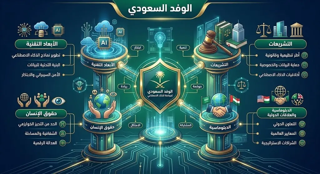 إنفوجرافيك يوضح التعدد المؤسسي للوفد السعودي المشارك في حوار حوكمة الذكاء الاصطناعي بجنيف وأبعاده التشريعية والتقنية والحقوقية.