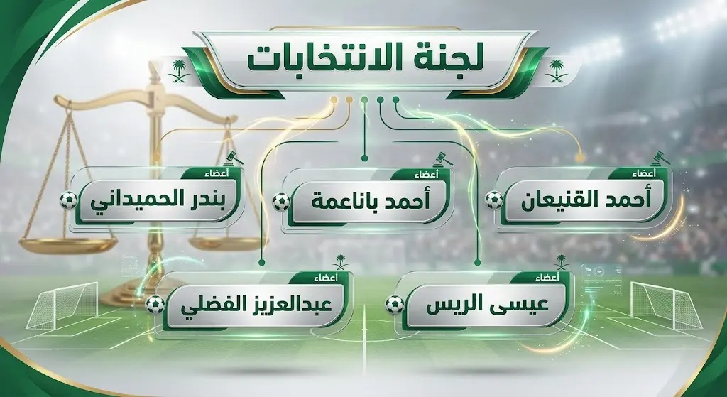 إنفوجرافيك يوضح التشكيل الجديد للجنة انتخابات الاتحاد السعودي لكرة القدم برئاسة أحمد القنيعان وأعضاء اللجنة.