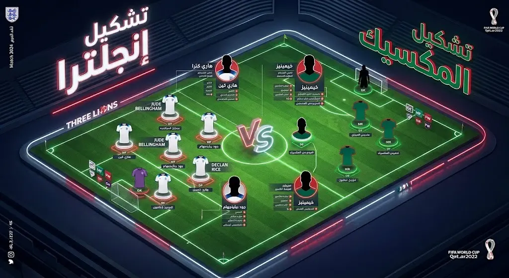إنفوجرافيك يستعرض التشكيل المتوقع لمنتخبي إنجلترا والمكسيك على ملعب كرة قدم بتصميم عصري وإضاءة جذابة.