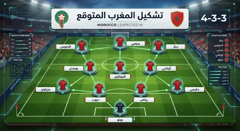 إنفوجرافيك يوضح التشكيل المتوقع لمنتخب المغرب في مواجهة فرنسا ضمن ربع نهائي كأس العالم 2026، مستعرضاً أسماء اللاعبين في مراكزهم التكتيكية على أرض الملعب.
