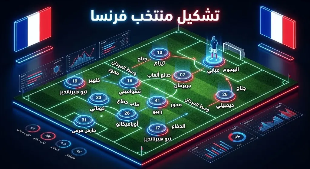 رسم تكتيكي بصري يوضح التشكيل الأساسي ومراكز لاعبي منتخب فرنسا بقيادة كيليان مبابي لمواجهة إسبانيا