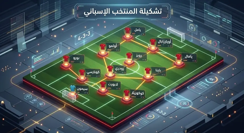 إنفوجرافيك يوضح التشكيلة الأساسية للمنتخب الإسباني في مباراة نصف نهائي كأس العالم 2026 ضد فرنسا