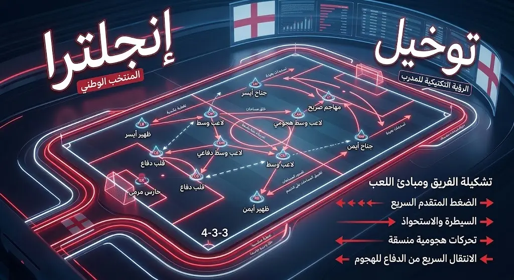 إنفوجرافيك رياضي يوضح تشكيلة المنتخب الإنجليزي والأسماء التي اعتمد عليها المدرب توماس توخيل في نصف النهائي.