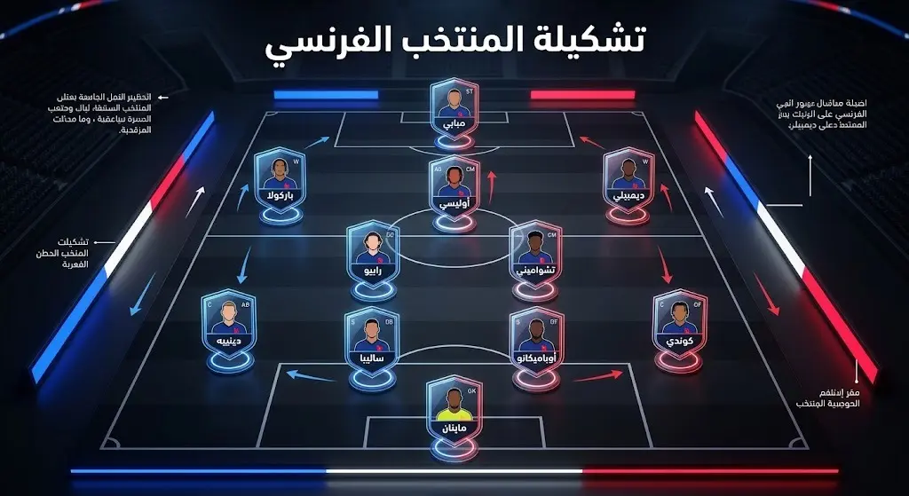 تصميم معلوماتي يعرض تشكيلة المنتخب الفرنسي الأساسية لمواجهة إسبانيا في نصف نهائي كأس العالم 2026