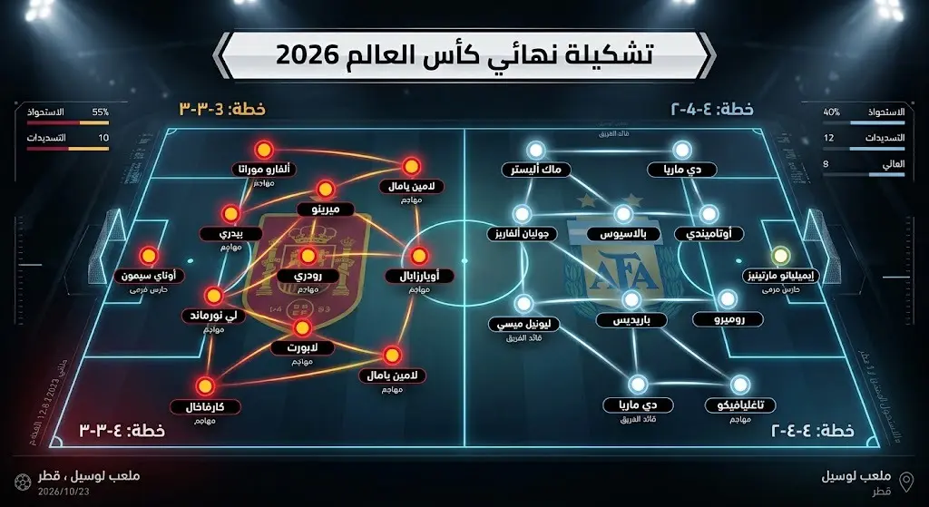 إنفوجرافيك يوضح التشكيلة الأساسية لمنتخبي إسبانيا والأرجنتين في نهائي كأس العالم 2026