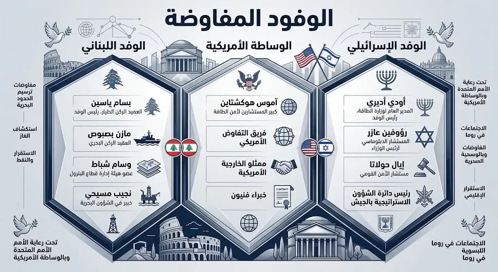 إنفوجرافيك يوضح تشكيلة الوفود اللبنانية والإسرائيلية والأمريكية المشاركة في مفاوضات روما.