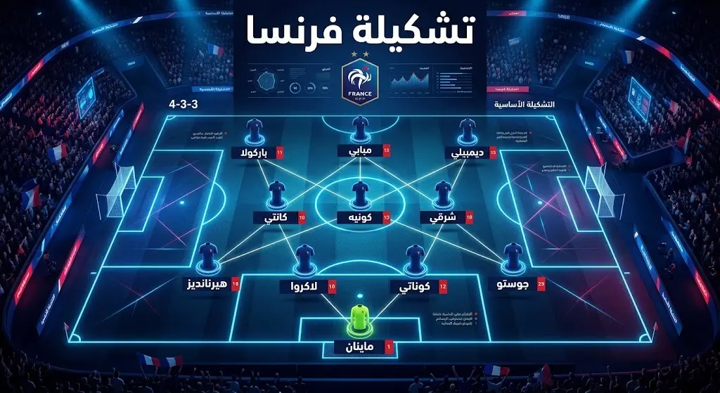 إنفوجرافيك يوضح التشكيلة الأساسية المتوقعة لمنتخب فرنسا في مواجهة إنجلترا في مباراة تحديد المركز الثالث بكأس العالم 2026