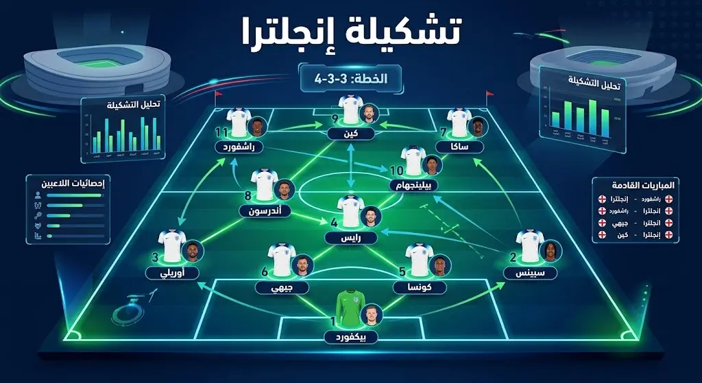 إنفوجرافيك تكتيكي يوضح التشكيلة الأساسية لمنتخب إنجلترا بتوزيع اللاعبين على أرض الملعب.