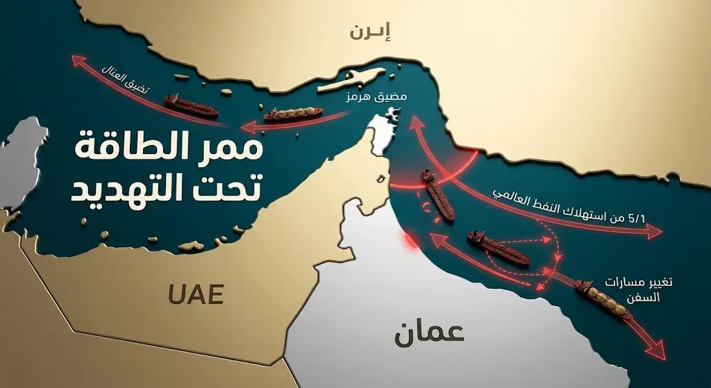 خريطة توضيحية استراتيجية باللغة العربية لمضيق هرمز تظهر ممرات الطاقة ومناطق تصاعد التوترات الأمنية الأخيرة.