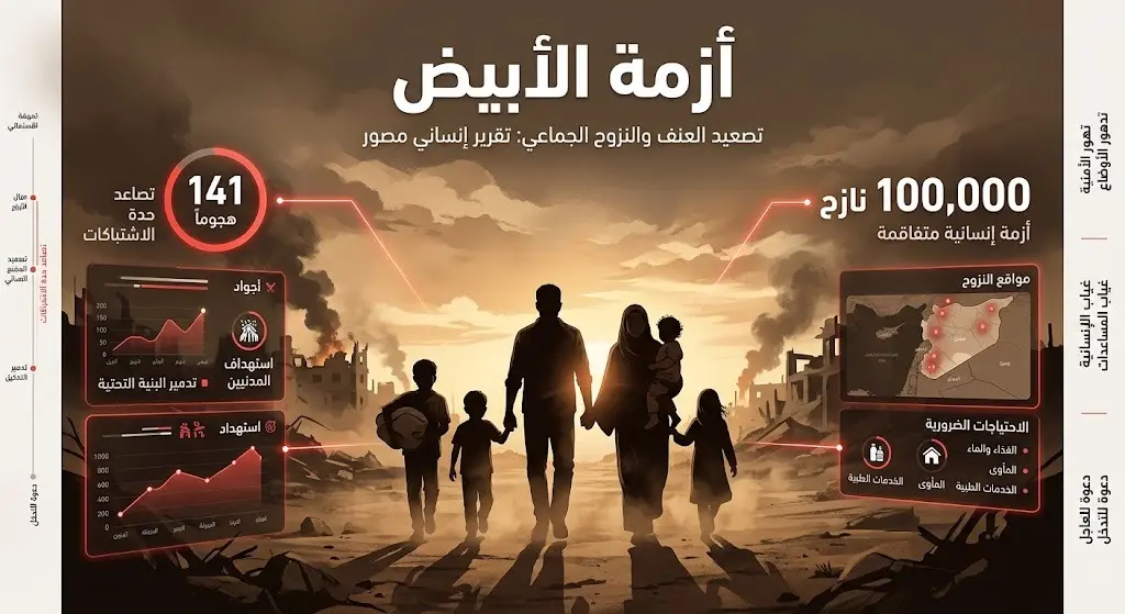 تصميم معلوماتي يوضح حجم النزوح في مدينة الأبيض السودانية مع إحصائيات الهجمات وأعداد النازحين.