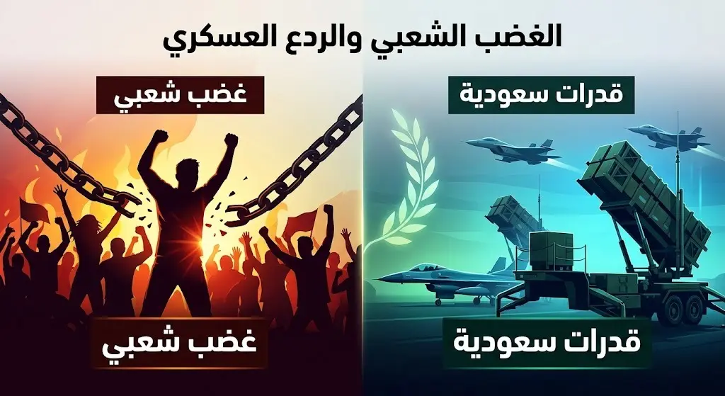 تصميم معلوماتي وتعبيري يوضح تصاعد الرفض القبلي والشعبي اليمني للميليشيات، في مقابل إبراز القدرات العسكرية المتقدمة للمملكة العربية السعودية وتفوقها في الردع.