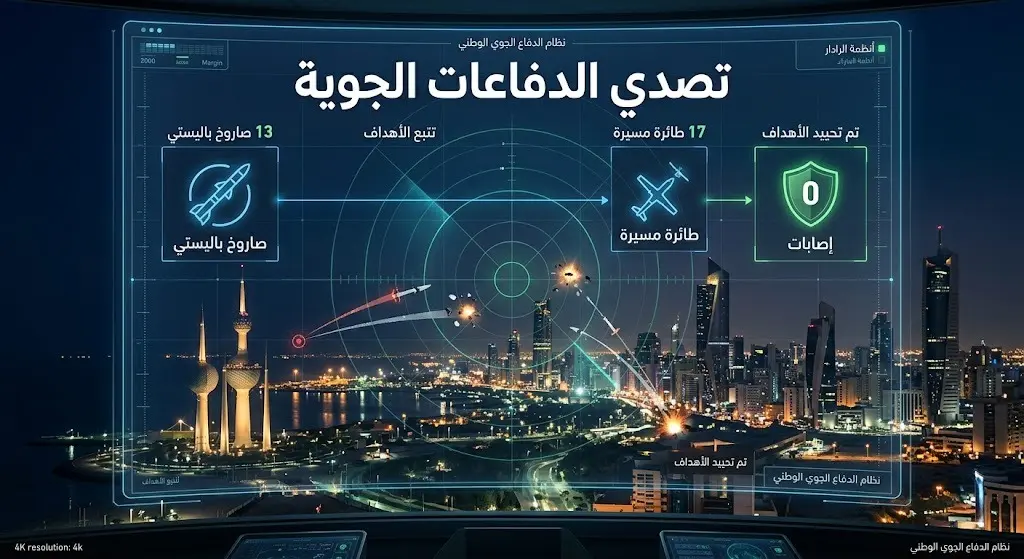 إنفوجرافيك يوضح بالأرقام إحصائيات تصدي الدفاعات الجوية الكويتية للصواريخ والطائرات المسيرة المعادية فوق المناطق السكنية.