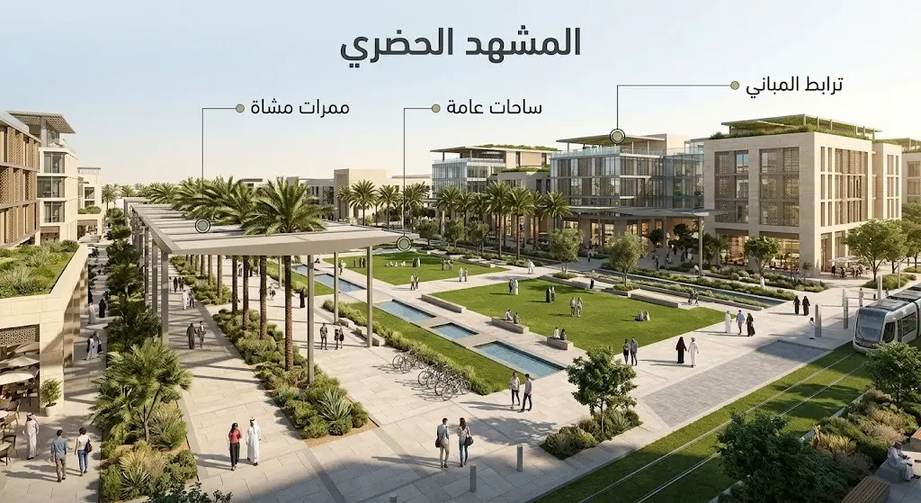 مشهد حضري يجسد الانسجام البصري بين المباني وممرات المشاة والساحات العامة في الرياض وفق الموجهات التصميمية.