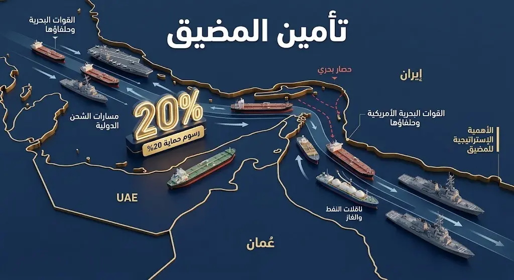 رسم توضيحي يظهر خطة تأمين مضيق هرمز مع فرض رسوم 20% على الشحنات وحصار بحري