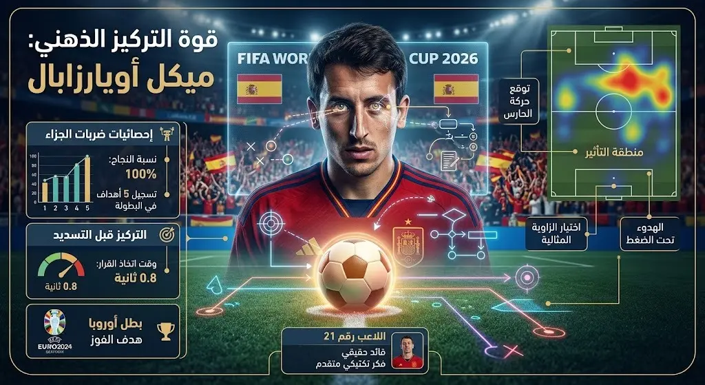 صورة تعبيرية تبرز التركيز الذهني العالي لأويارزابال قبل تنفيذ ركلة الجزاء وإحصائياته التهديفية البارزة.
