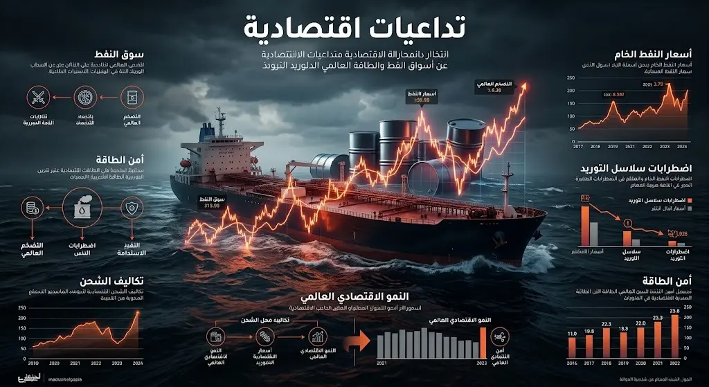 تصميم بصري يجمع بين رموز النفط وسفن الشحن مع مؤشرات اقتصادية تعكس تذبذب الأسواق والتضخم