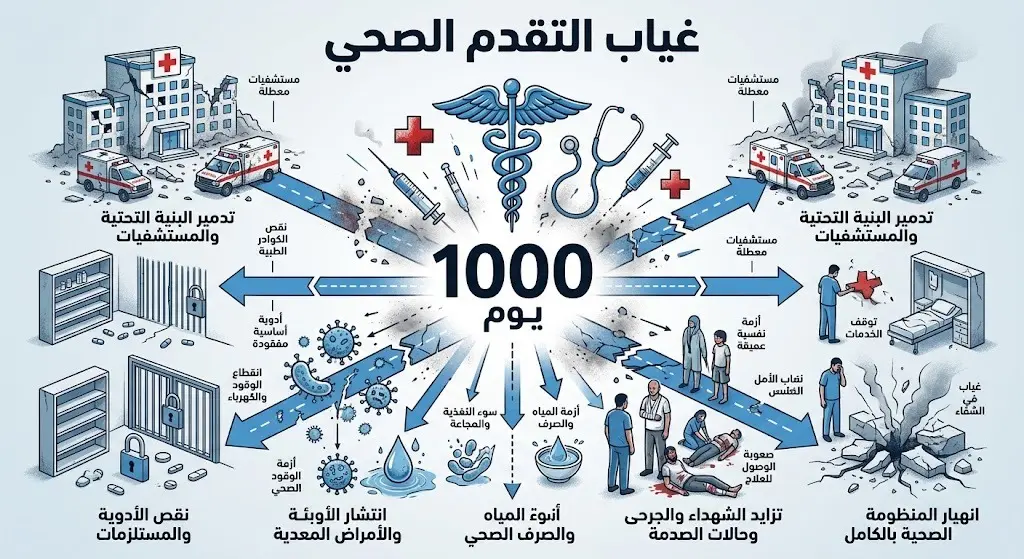 إنفوجرافيك تعبيري يجسد تدهور الوضع الصحي في غزة بعد مرور 1000 يوم وفقاً لتقارير الأونروا، مع التركيز على اللون الأزرق الأممي والرموز الطبية المنهارة.