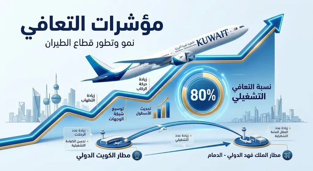 إنفوجرافيك يوضح مؤشرات تعافي الخطوط الجوية الكويتية بنسبة تصل إلى 80 بالمئة وانتقال العمليات التشغيلية إلى مطار الدمام.