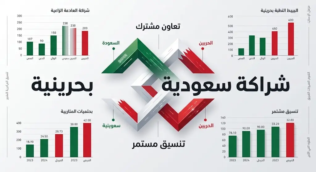 تصميم بصري يعبر عن متانة العلاقات الدبلوماسية والشراكة الاستراتيجية والتنسيق المشترك بين المملكة العربية السعودية ومملكة البحرين.