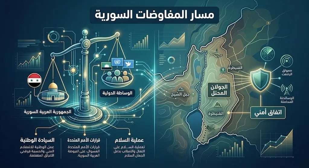 إنفوجرافيك تعبيري يستعرض مسار المفاوضات والمساعي السورية للوصول إلى اتفاق أمني مع الحفاظ على الحقوق في الجولان.