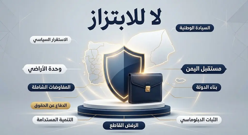 تصميم إنفوجرافيك تعبيري يجسد حزم القيادة الرئاسية اليمنية ورفضها للابتزاز السياسي مع نصوص عربية واضحة