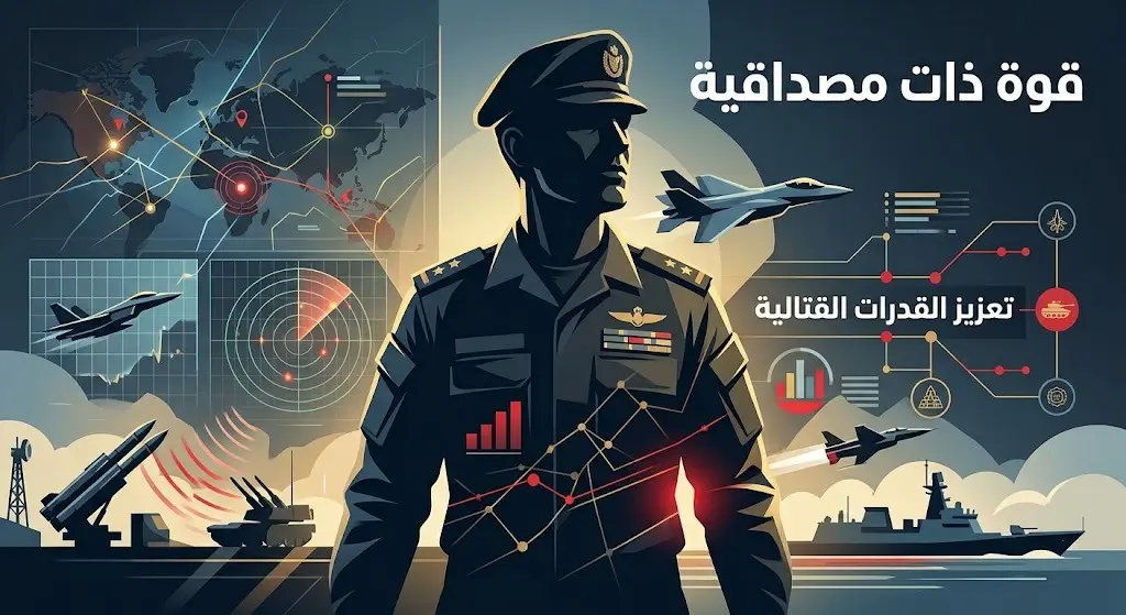 تصميم تعبيري حديث يجسد القوة العسكرية والجاهزية القتالية، مصحوباً بعبارات تبرز الثقة وتعزيز القدرات الدفاعية.