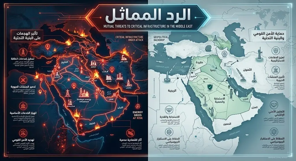 تصميم إنفوجرافيك يبرز التهديدات المتبادلة باستهداف البنية التحتية وتصريحات المجلس الأعلى للأمن القومي الإيراني.