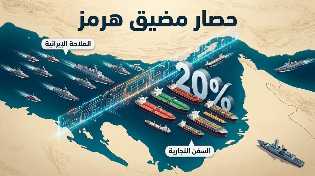 تصميم تعبيري لمضيق هرمز يظهر تواجداً عسكرياً لسفن وحصاراً بحرياً مع إشارة لرسوم عبور بنسبة 20%.