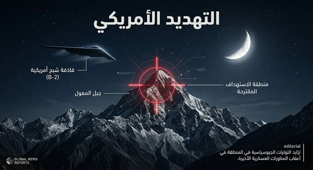 تصميم صحفي يظهر جبل المعول في إيران تحت عدسة استهداف عسكرية، تعبيراً عن التهديدات الأمريكية بضربه.