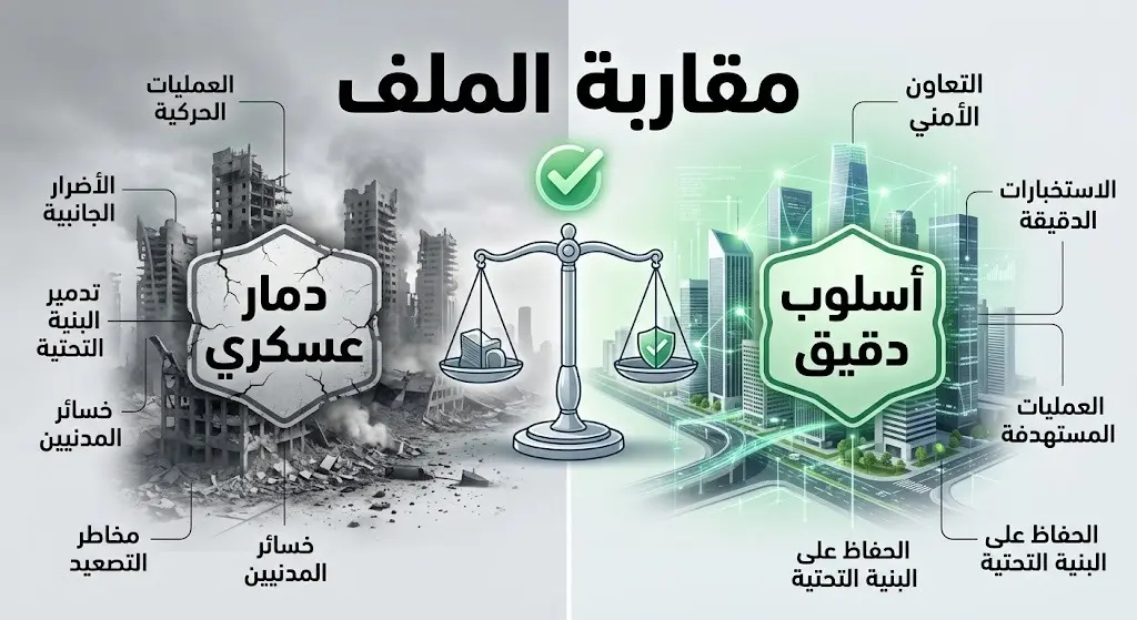 تصميم إنفوجرافيك يقارن بين الأسلوب الأمني الدقيق والنهج العسكري التدميري مع نصوص عربية توضيحية.