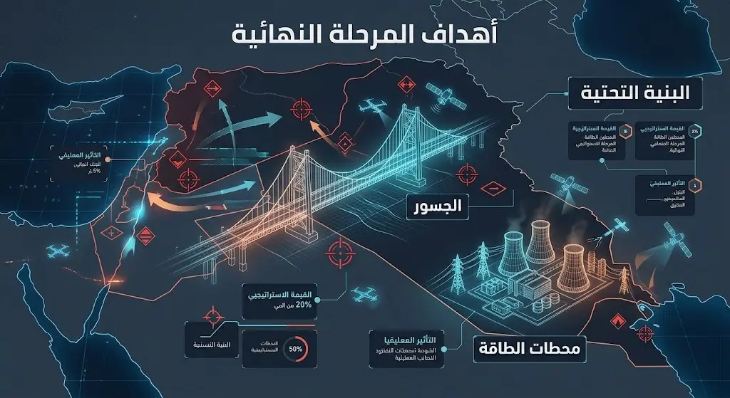 تصميم معلوماتي يستعرض أهداف المرحلة النهائية للعمليات العسكرية والتي تشمل منشآت البنية التحتية كالجسور ومحطات الطاقة.
