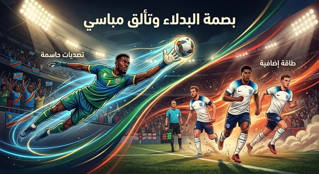 لوحة فنية استعراضية تبرز تألق حارس الكونغو مباسي في التصدي للكرات، مقابل التأثير الحاسم والنشط للبدلاء في المنتخب الإنجليزي.