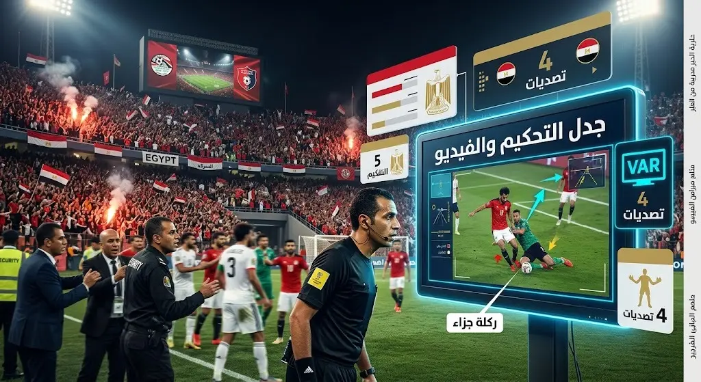 تصميم إنفوجرافيك يدمج بين شاشة تقنية الفيديو وإحصائيات تبرز تصديات الحارس مصطفى شوبير والجدل التحكيمي في مباراة مصر والأرجنتين.