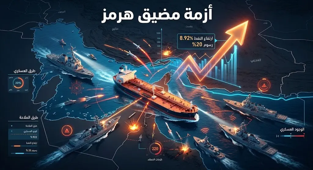 تصميم إنفوجرافيك خبري يجسد الأزمة العسكرية في مضيق هرمز، يظهر سفناً حربية وناقلة نفط مع أسهم ومؤشرات بيانية توضح فرض رسوم بنسبة 20% وارتفاع أسعار النفط بنسبة 8.92%.