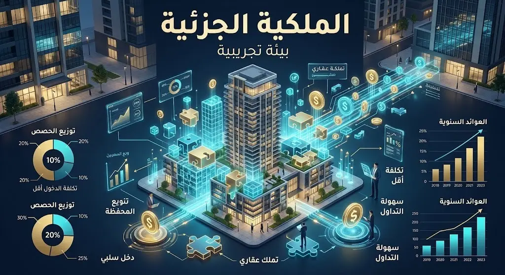 تصميم إبداعي يوضح مفهوم تقسيم العقار إلى حصص رقمية ضمن البيئة التجريبية لتنظيم الملكية الجزئية.