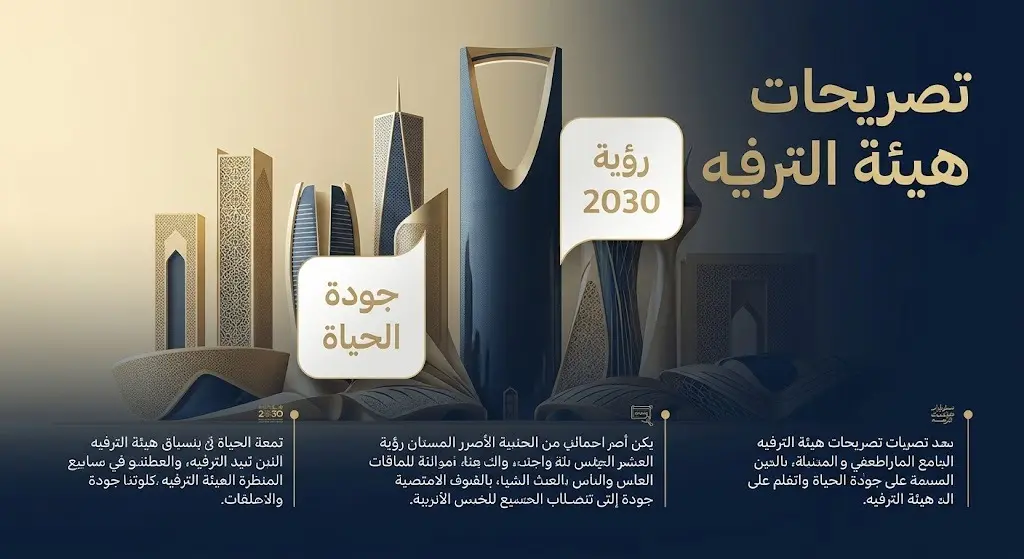 بطاقة معلومات ذات تصميم عصري وإضاءة سينمائية تبرز تصريحات رئيس الهيئة العامة للترفيه وتوجهات دعم جودة الحياة في نجران.