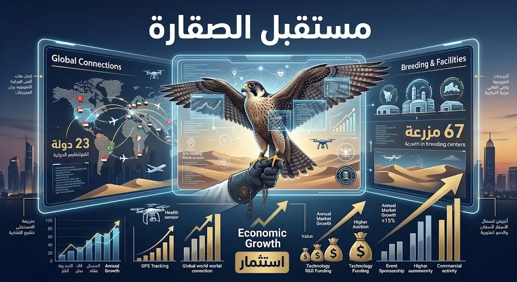 لوحة بيانات بصرية تعبر عن حجم الاستثمارات في قطاع الصقارة، مبرزة الأرقام الاقتصادية والمشاركات الدولية الواسعة.