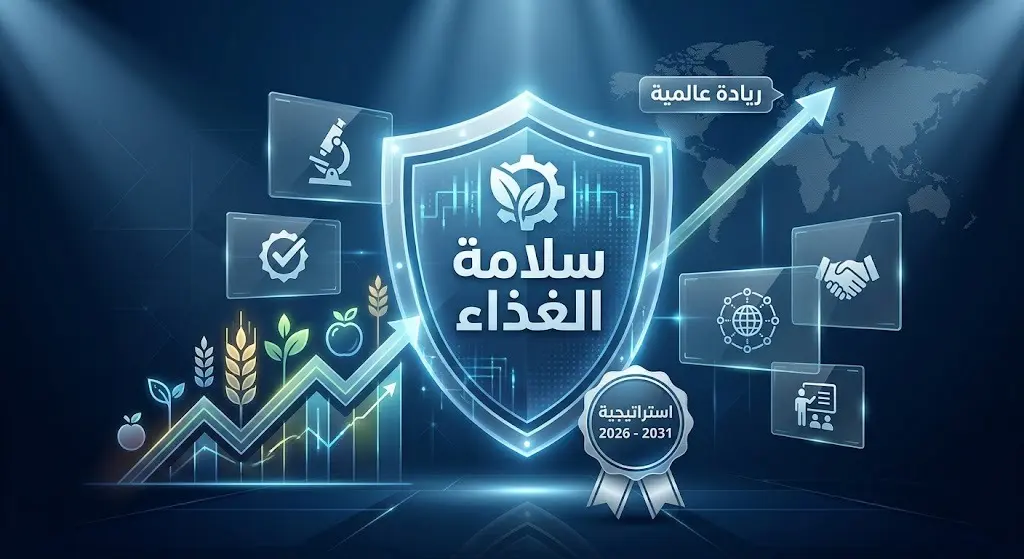 تصميم إبداعي يعبر عن التوجهات الاستراتيجية والتصريحات الرسمية حول التعيين، يضم درعاً تقنياً مضيئاً وخطوطاً بيانية متصاعدة، مع نصوص عربية تبرز "سلامة الغذاء" واستراتيجية "2026-2031".
