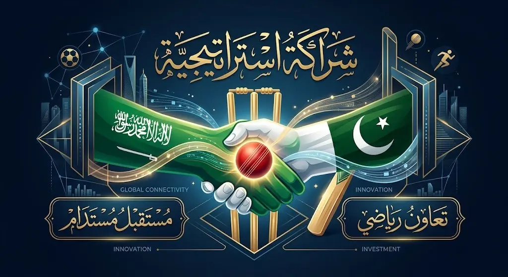 تصميم بصري يعبر عن الشراكة الاستراتيجية بين السعودية وباكستان في مجال الرياضة، مزين بعبارات تدل على التعاون الرياضي والمستقبل المستدام.