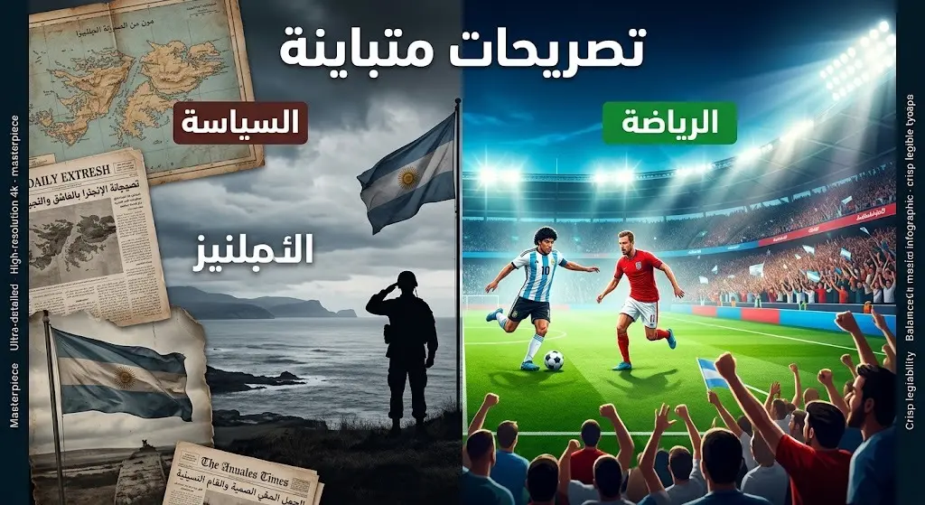 تصميم بصري يعكس التباين بين التصريحات المشحونة بذاكرة حرب الفوكلاند والتركيز الرياضي البحت على مباراة نصف النهائي.