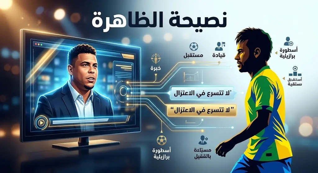 تصميم بصري يعرض النجم البرازيلي رونالدو يوجه رسالة تلفزيونية لنيمار، مع إبراز ألوان المنتخب البرازيلي وعبارات تنصحه بعدم التسرع في الاعتزال.