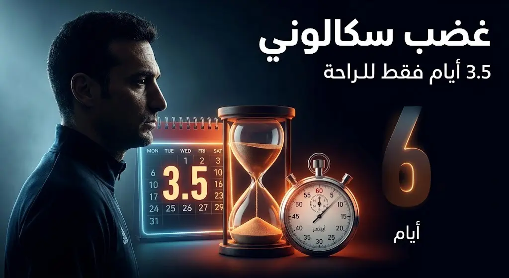 تصميم تعبيري يظهر غضب المدرب الأرجنتيني ليونيل سكالوني مع عناصر بصرية لساعة توقيت وروزنامة تبرز قصر فترة الراحة.