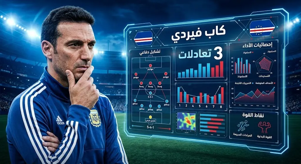 تصميم فني يدمج بين المدرب سكالوني وإحصائيات تكتيكية عن فريق كاب فيردي