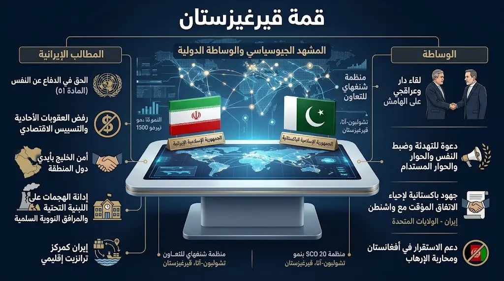 تصميم بصري يبرز المباحثات الدبلوماسية الإيرانية الباكستانية في قيرغيزستان حول قضايا المنطقة.