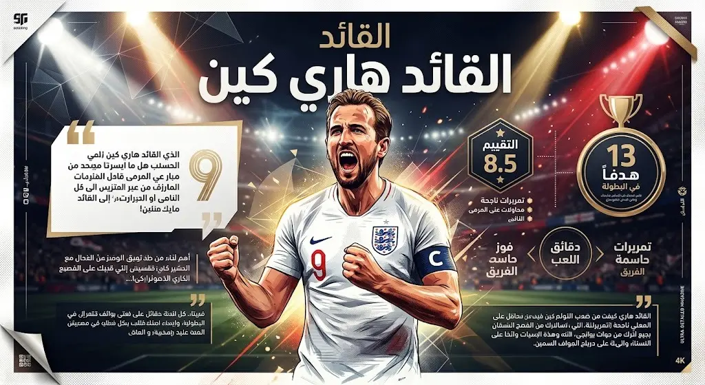 بطاقة معلومات بصرية تستعرض إحصائيات هاري كين المذهلة وتصريحاته الاحتفالية بكونه البطل الذي صنع الفارق بعد حسم التأهل.