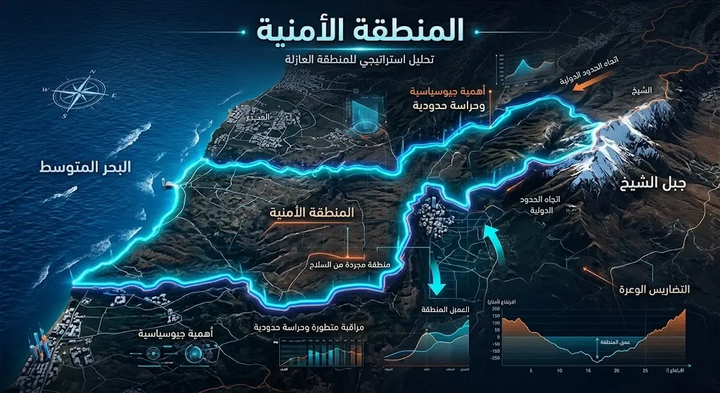 إنفوجرافيك يوضح خريطة وتفاصيل المنطقة الأمنية في جنوب لبنان الممتدة من البحر المتوسط غرباً إلى جبل الشيخ شرقاً.